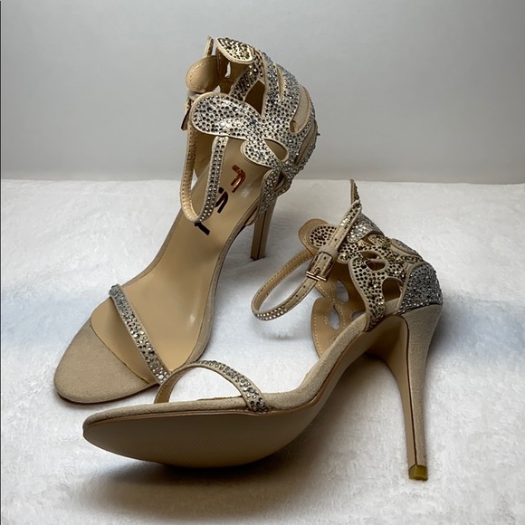 Champagne Rhinestones Ankle Strap Stiletto Heels - Picture 8 of 9